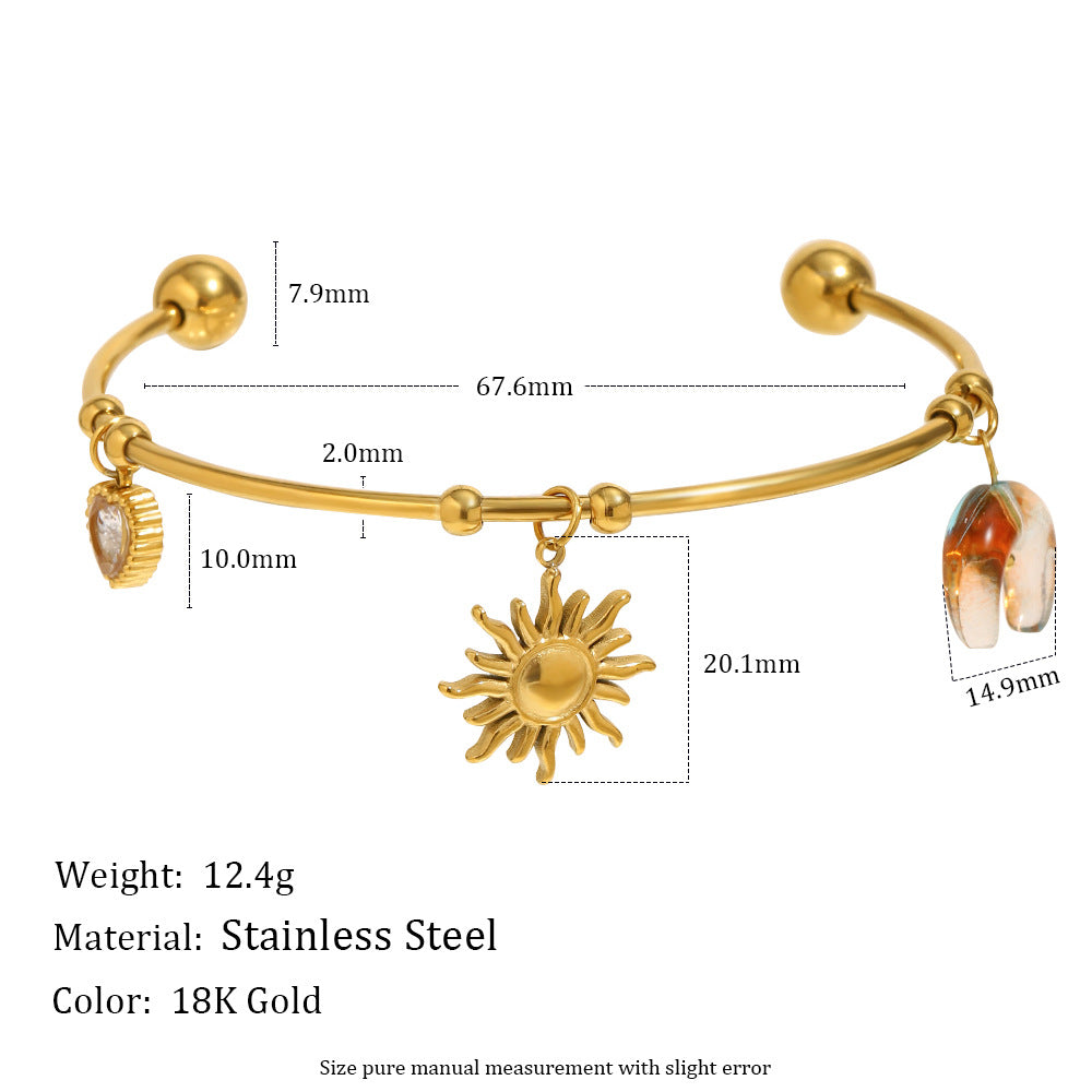 Pulsera de mujer con diseño geométrico de acero inoxidable chapado en oro de 18 quilates con cuentas de sol y luna y forma de C, a la moda
