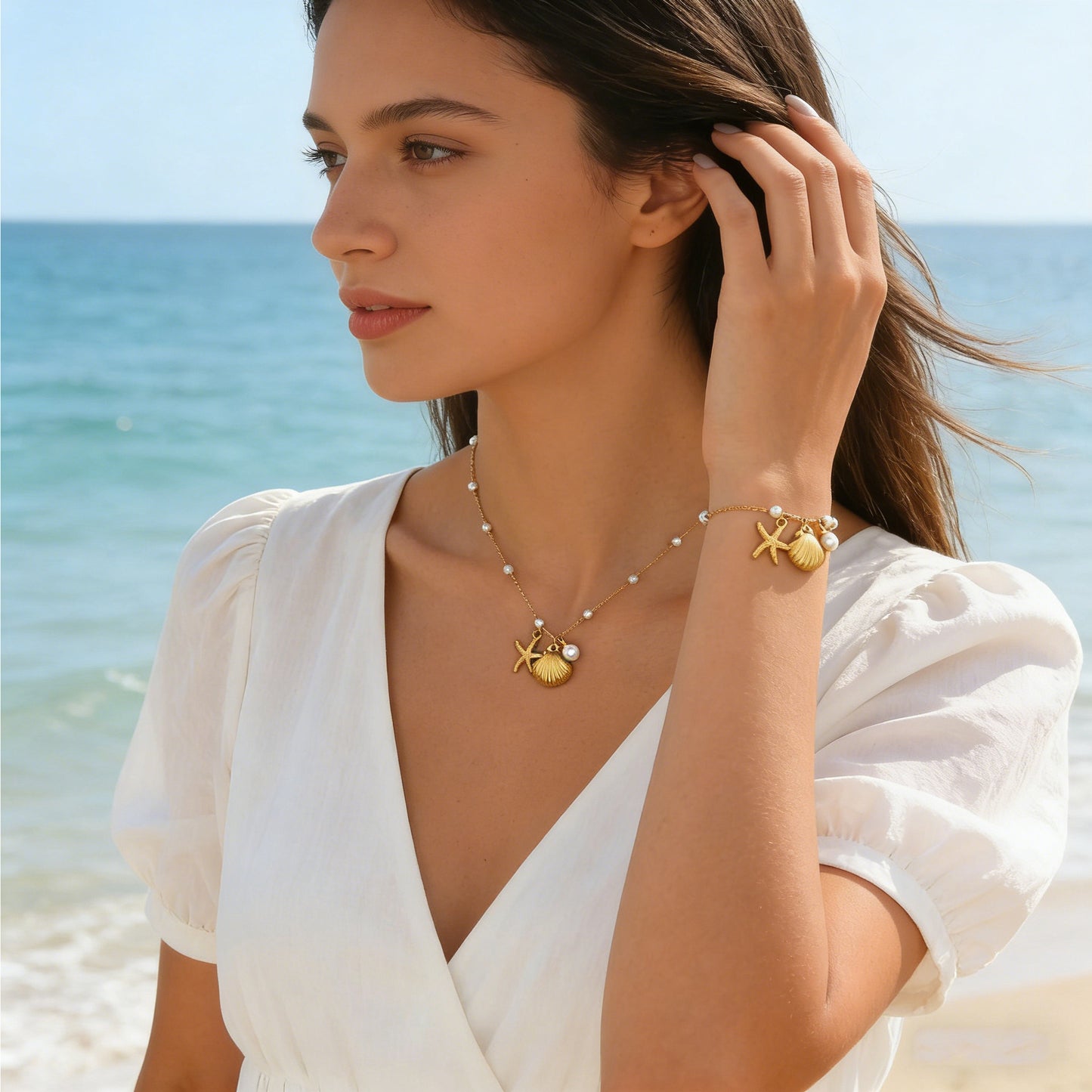 Set collana dolce in acciaio inossidabile con stella marina, conchiglia e perle, catena a cavo placcata, gioielli da donna