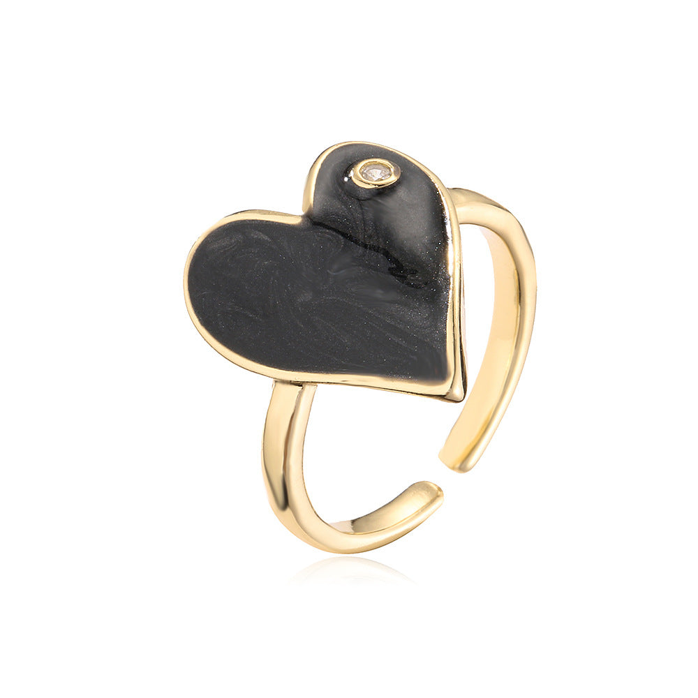 Cute Heart-Shaped Copper Ring with 18K Gold Plating and Enamel Finish for Women