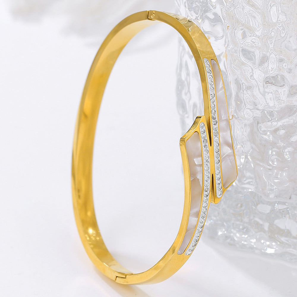 Cross Shape Titanium Steel Bracelet with Shell Inlay Plated Finish Open Cuff for Women