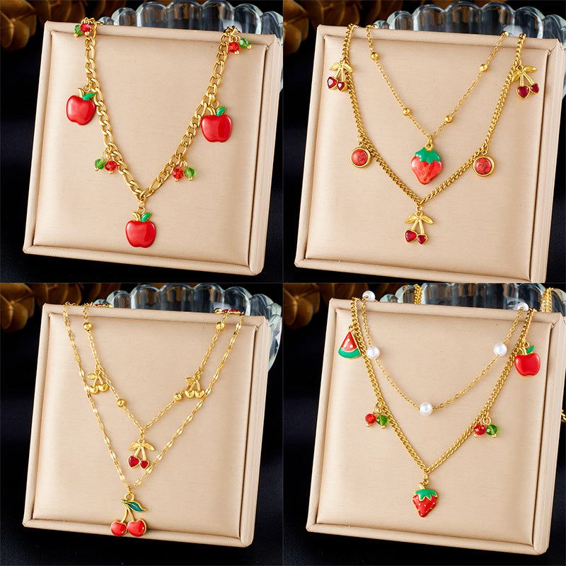 Sweet Cartoon Red Drip Oil Fruit Pendant Necklace Stainless Steel Serpentine Chain Women