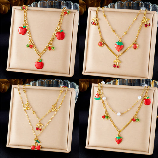 Sweet Cartoon Red Drip Oil Fruit Pendant Necklace Stainless Steel Serpentine Chain Women