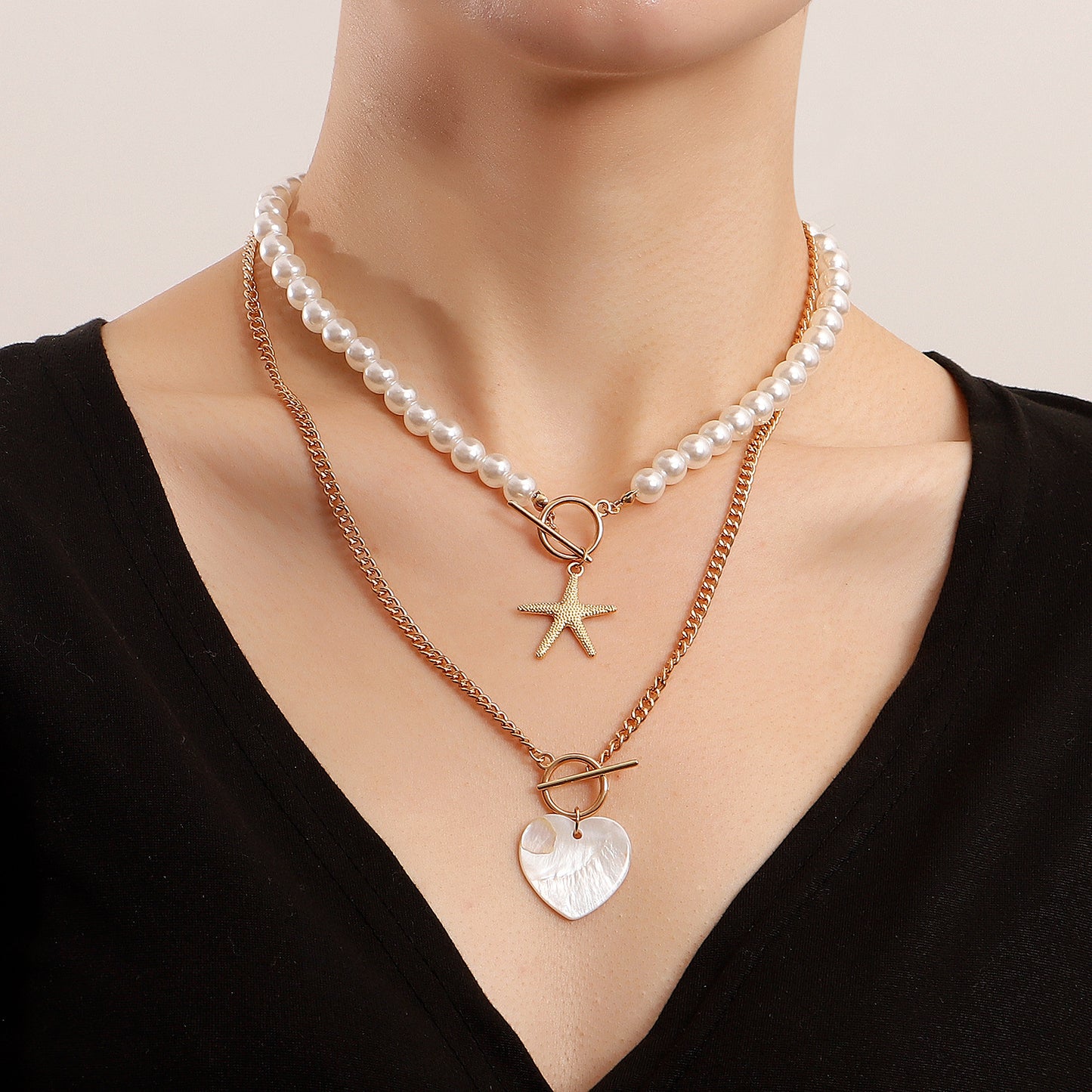 Y2K Style Double-Layer Starfish and Heart Abalone Pendant Necklace for Women with Alloy Construction and Electroplated Finish