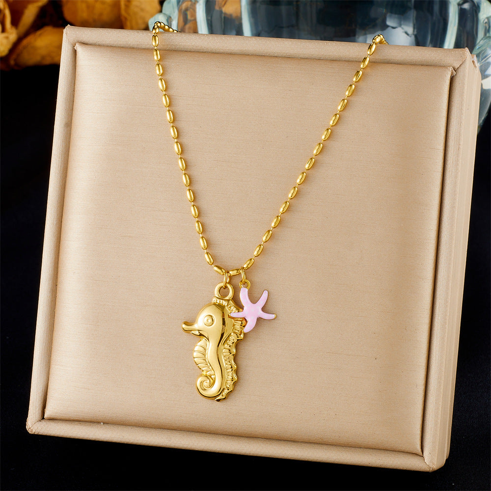 Chic Gold Plated Drip Oil Stainless Steel Starfish Butterfly Necklace