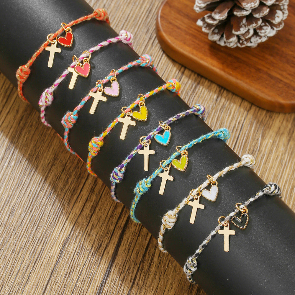 Rainbow Woven Heart Cross Drip Oil Alloy Bracelet for Women and Men