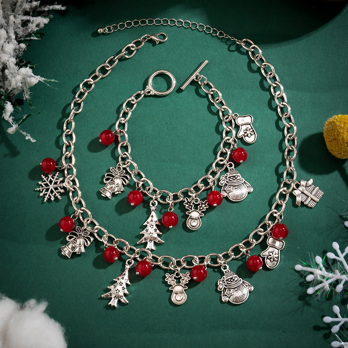 Minimalist Geometric Round Alloy Plated Pendant Necklace with Curb Chain for Women Christmas Bell Snowman Charm