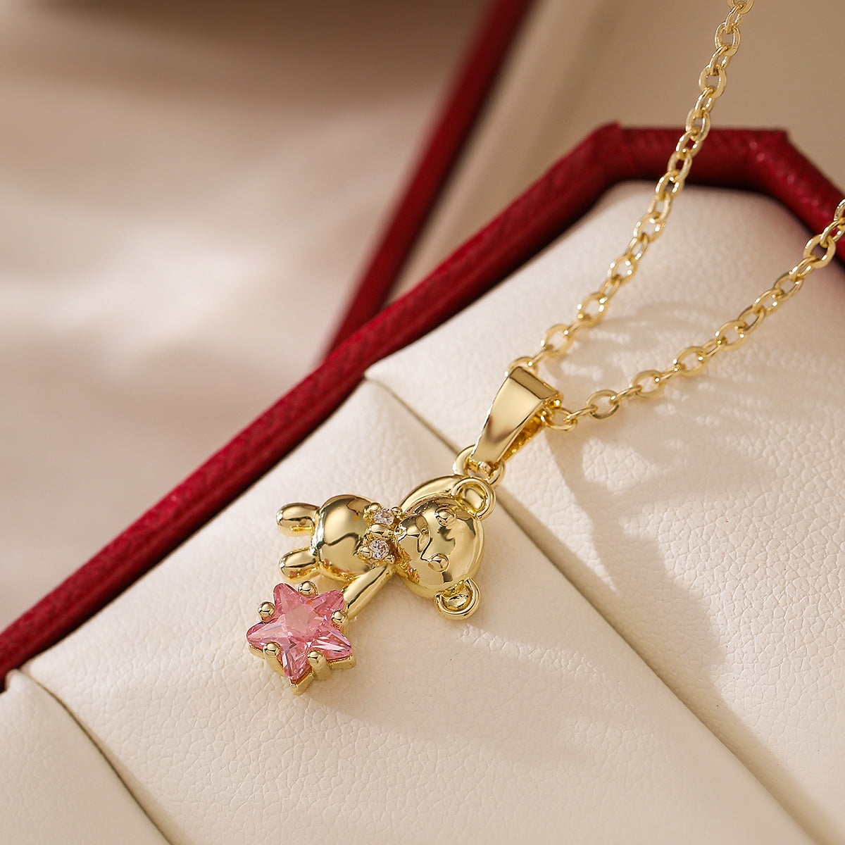 Minimalist Bear-Shaped Copper Pendant Necklace with Real Gold Plating and Zircon Accents for Women