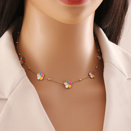 Conjunto de collar con colgante floral estilo "Fashion OL" de acero inoxidable con esmalte sobre cadena tipo O para mujer