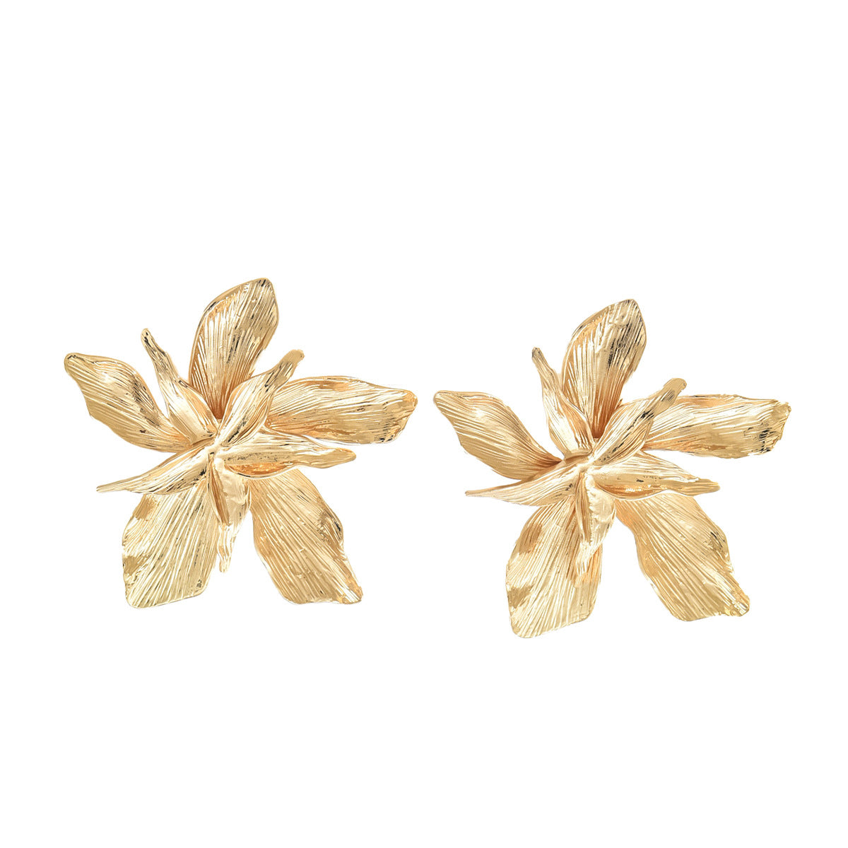 Pendientes de tuerca de metal de doble capa con cinco pétalos florales a la moda para mujer con acabado galvanizado