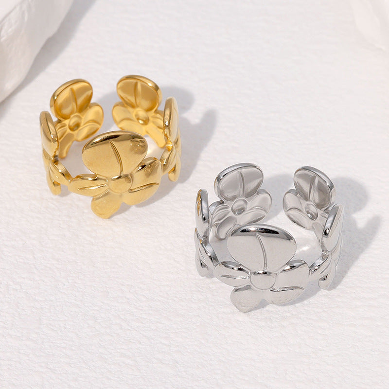 Anello Aperto da Donna Minimalista Floreale in Acciaio Inossidabile con Finitura Placcata