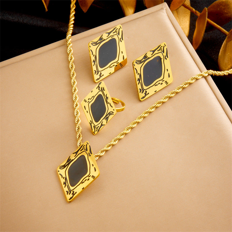 Fashion Contemporary Plated Stainless Steel Square Geometric Ring Earrings Necklace Set