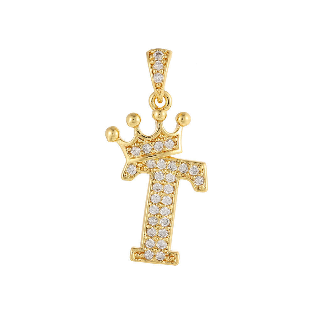 Gold Plated Brass Crown Letter Charm Bar with Cubic Zirconia for DIY Necklace Bracelet