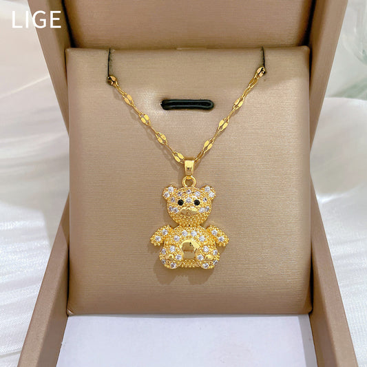 Collar con colgante de oso minimalista geométrico con diamantes completos para mujer, cadena de acero de titanio con detalle de luna