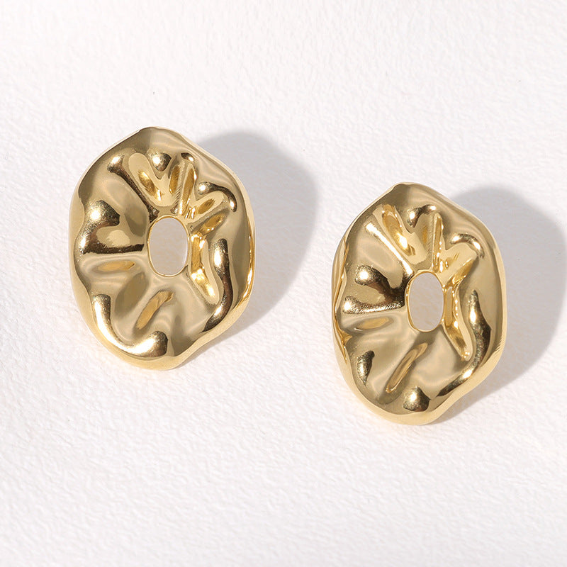 Minimalist Geometric Stainless Steel Stud Earrings with Textured Wrinkled Surface and Asymmetrical Circular Design
