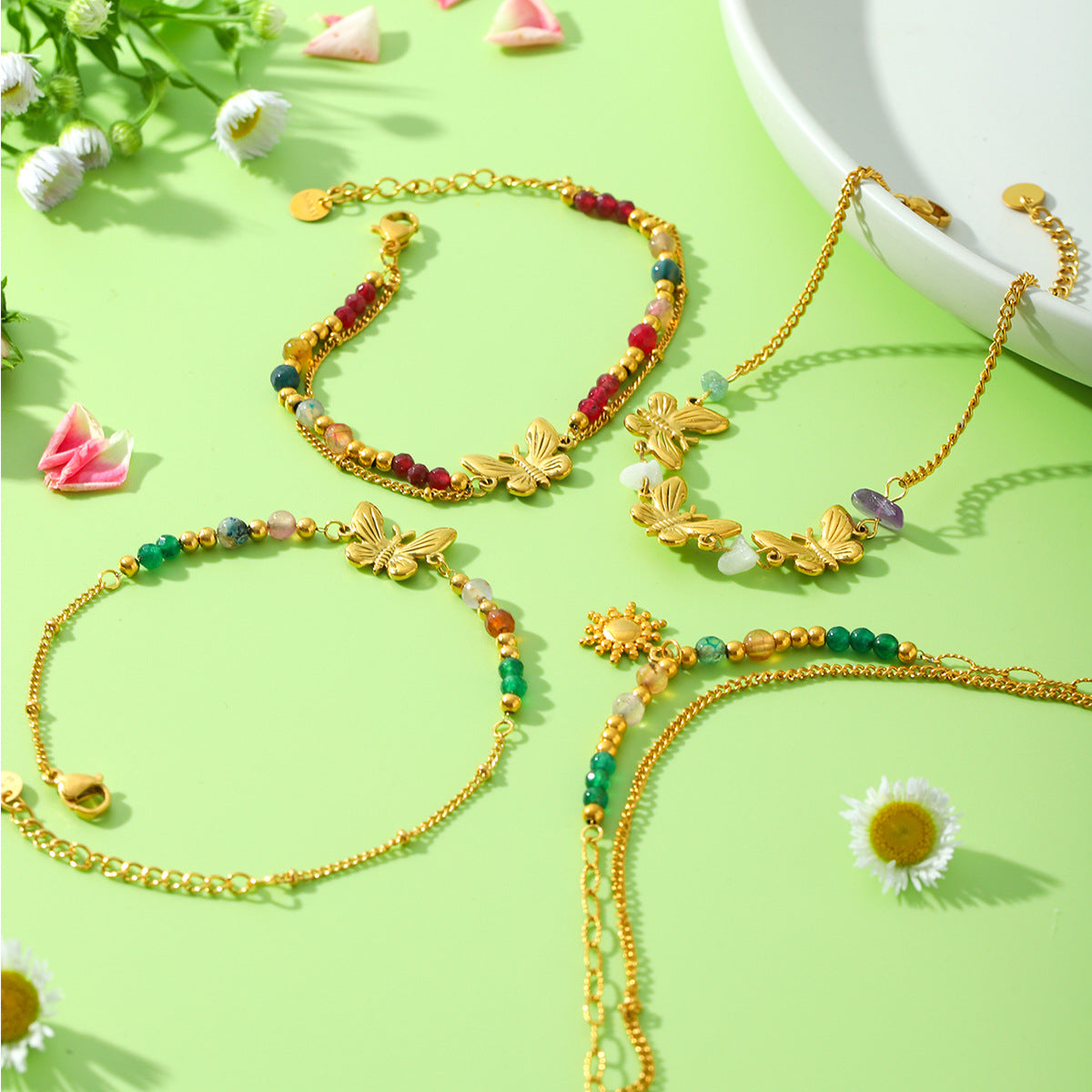 Elegant French-Style Butterfly Beaded Bracelet for Women in Stainless Steel with Plated Finish