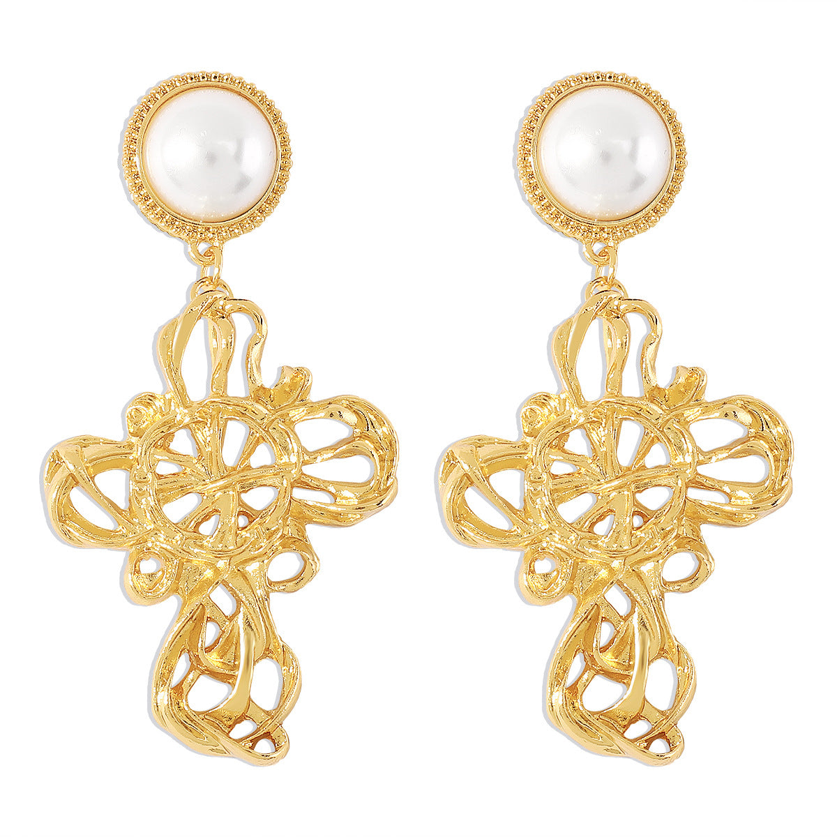 Pendientes de Cruz Irregular de Inspiración Vintage para Mujer con Base de Aleación e Incrustaciones de Perlas, Acabado Galvanizado