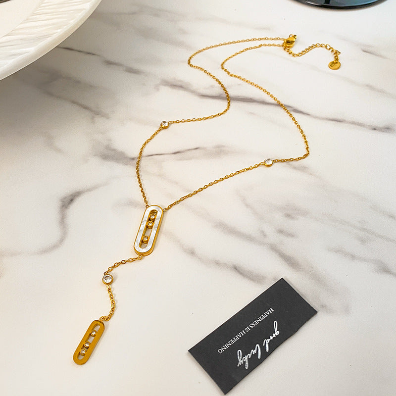 Minimalist Geometric Titanium Steel Necklace with Gold Plating, Micro-set Diamond and Shell Tassel