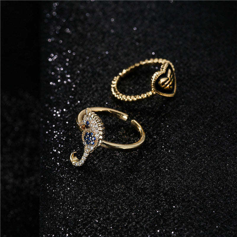 Vintage Bohemian Heart Geometric Micro-inlay Brass Ring for Women