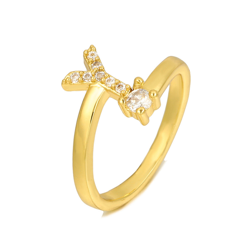 Adjustable Letter Ring Brass Plated with Cubic Zirconia for Women and Men