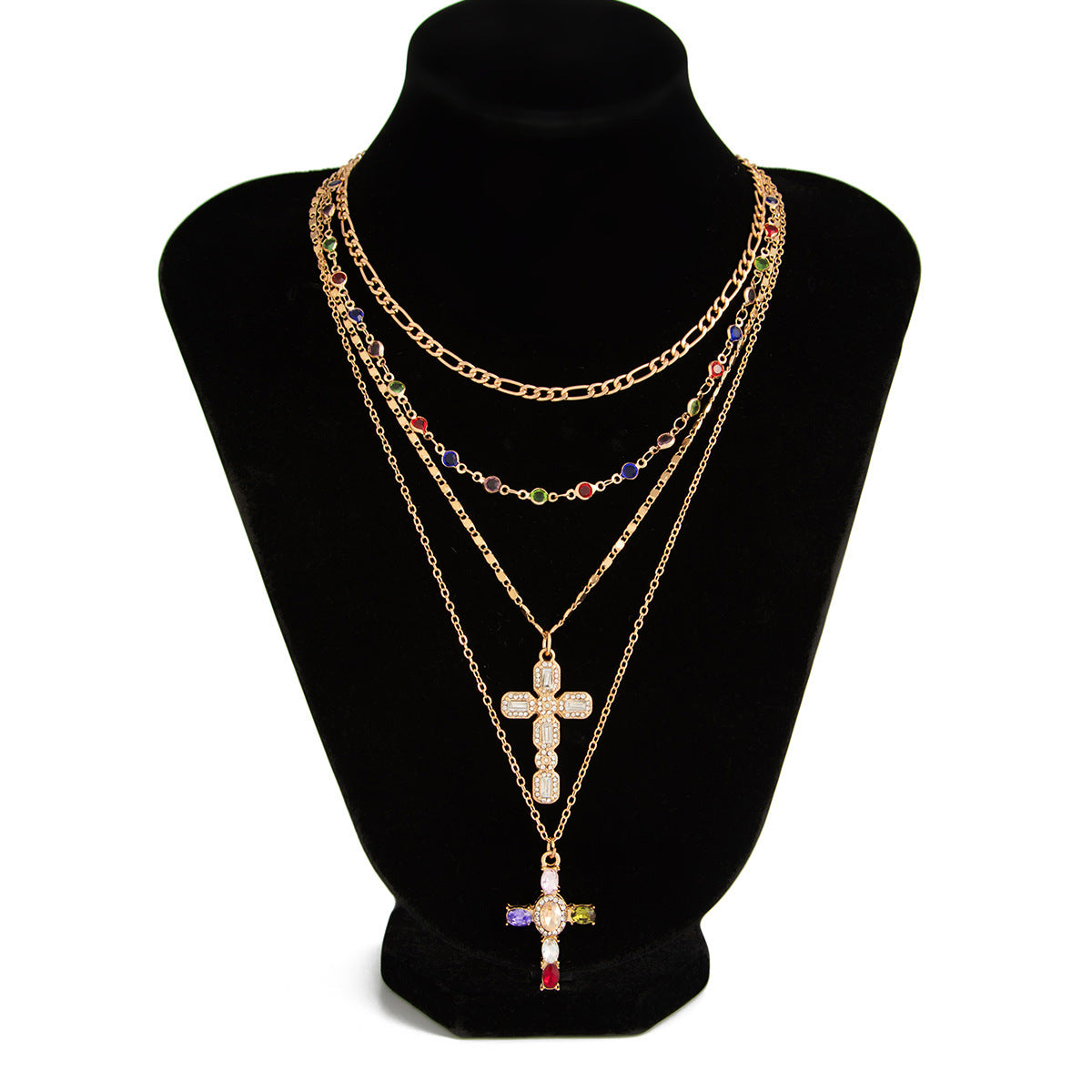 Hip-hop Casual Rhinestone Crystal Inlaid Cross Alloy Pendant Necklace Colorful Chain Set for Women
