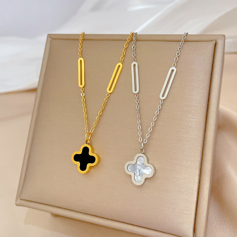 Minimalist Clover Flower Pendant Necklace in Titanium Steel with Gold Plating for Women
