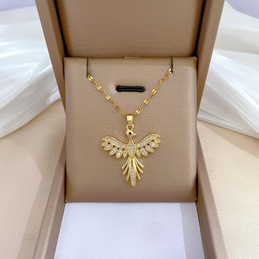 Collar de lujo con colgante de fénix de diamantes de imitación para mujer, cadena de acero de titanio, collar elegante para clavícula con diseño geométrico