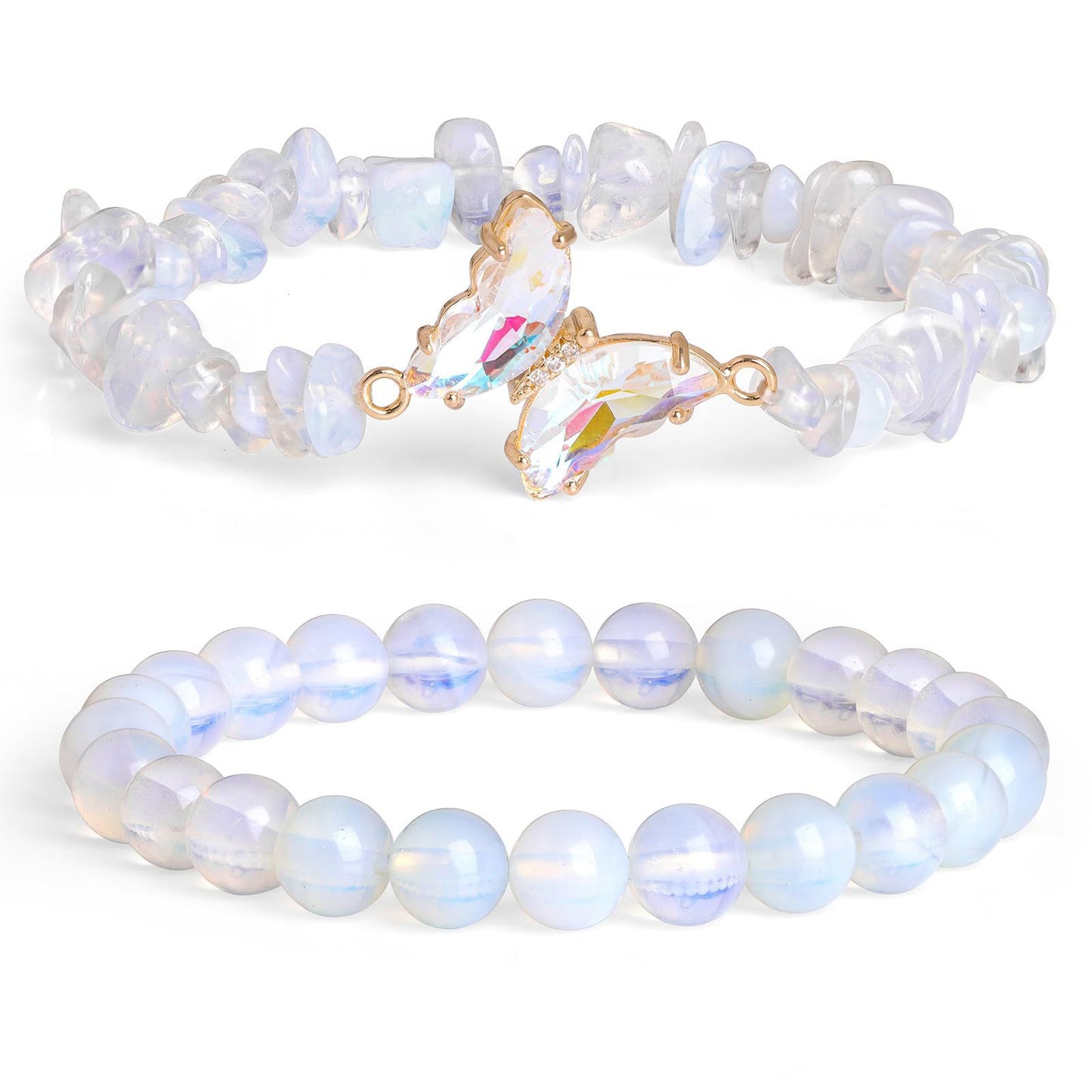 Minimalist Natural Amethyst and White Cat's Eye Crystal Chip Beaded Bracelet with Butterfly Charm for Women