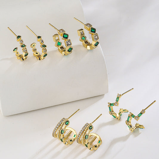 Geometric Earrings for Women in Copper with 18K Gold Plating and Green Zirconia, Fashion-Forward Minimalist Design