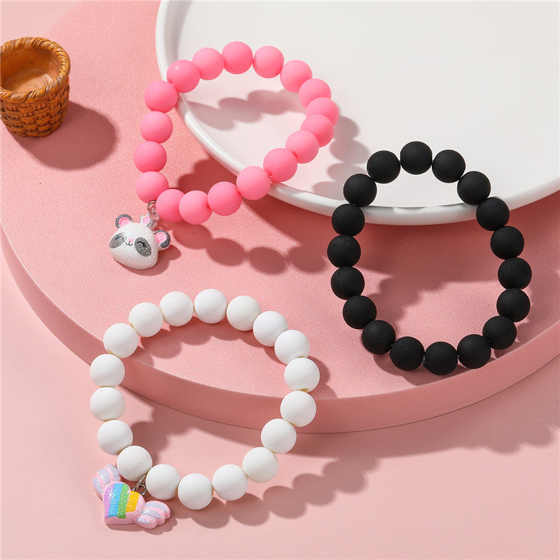 Pulsera de cuentas acrílicas con forma de corazón y panda de estilo de dibujos animados para niñas con colgante de resina, joyería infantil hecha a mano