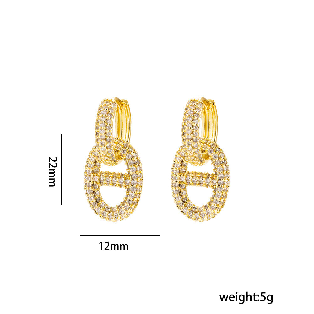 Luxury-Style Pig Nose Earrings in Gold-Plated Copper with Rhinestone Inlay for Women