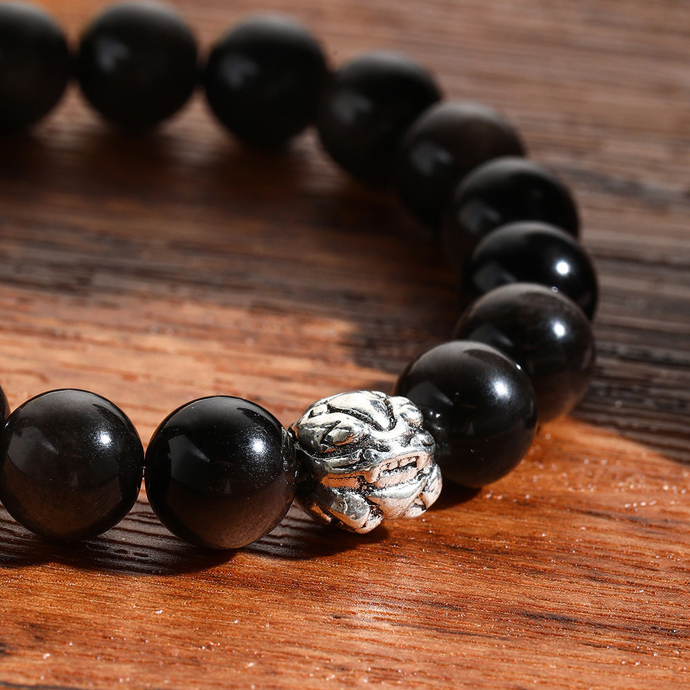 Natural Obsidian Beaded Stretch Bracelet with Pixiu Charm for Men and Women