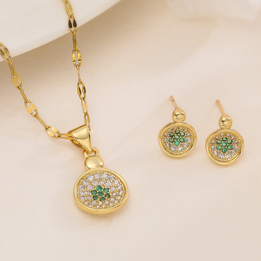 Minimalist Round Pendant Necklace and Earrings Set in Copper with 18K Gold Plating and Zircon Inlay