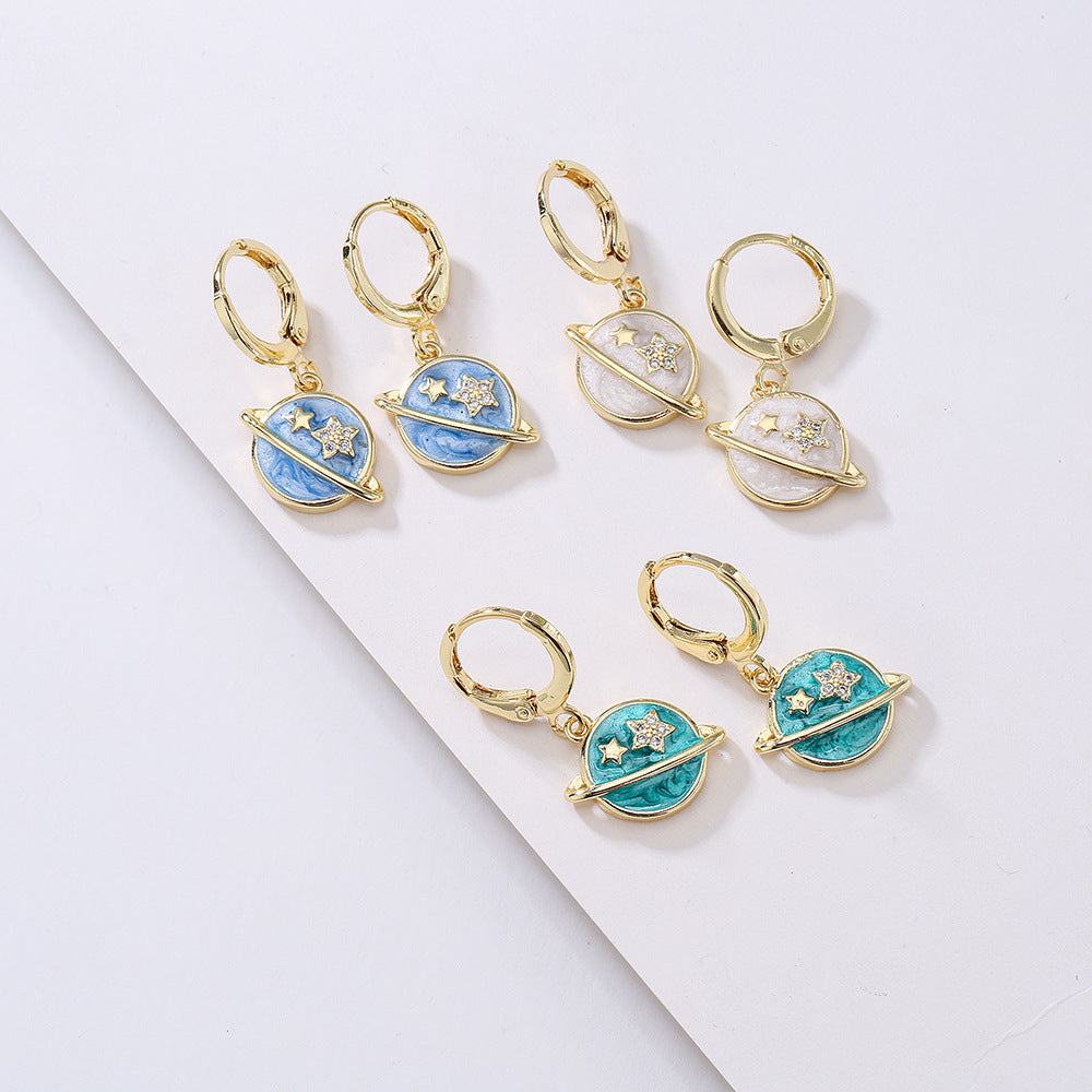 Minimalist Geometric Earrings for Women Made of Copper with Gold Plating and Enamel Finish, Micro-Paved Zirconia Accent