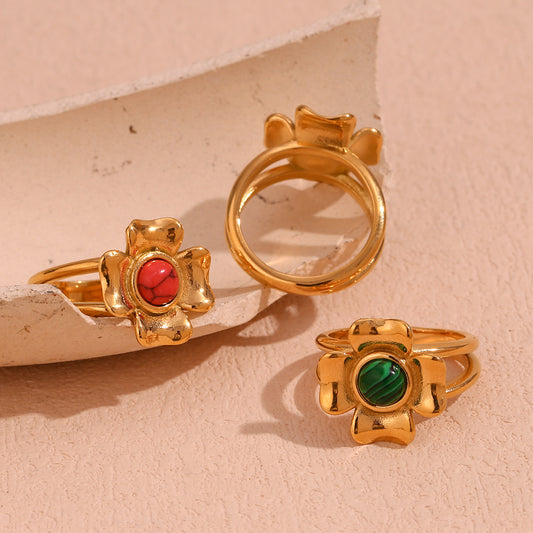 Anello da donna in acciaio inossidabile placcato oro 18 carati a forma di fiore a quattro petali in stile vintage