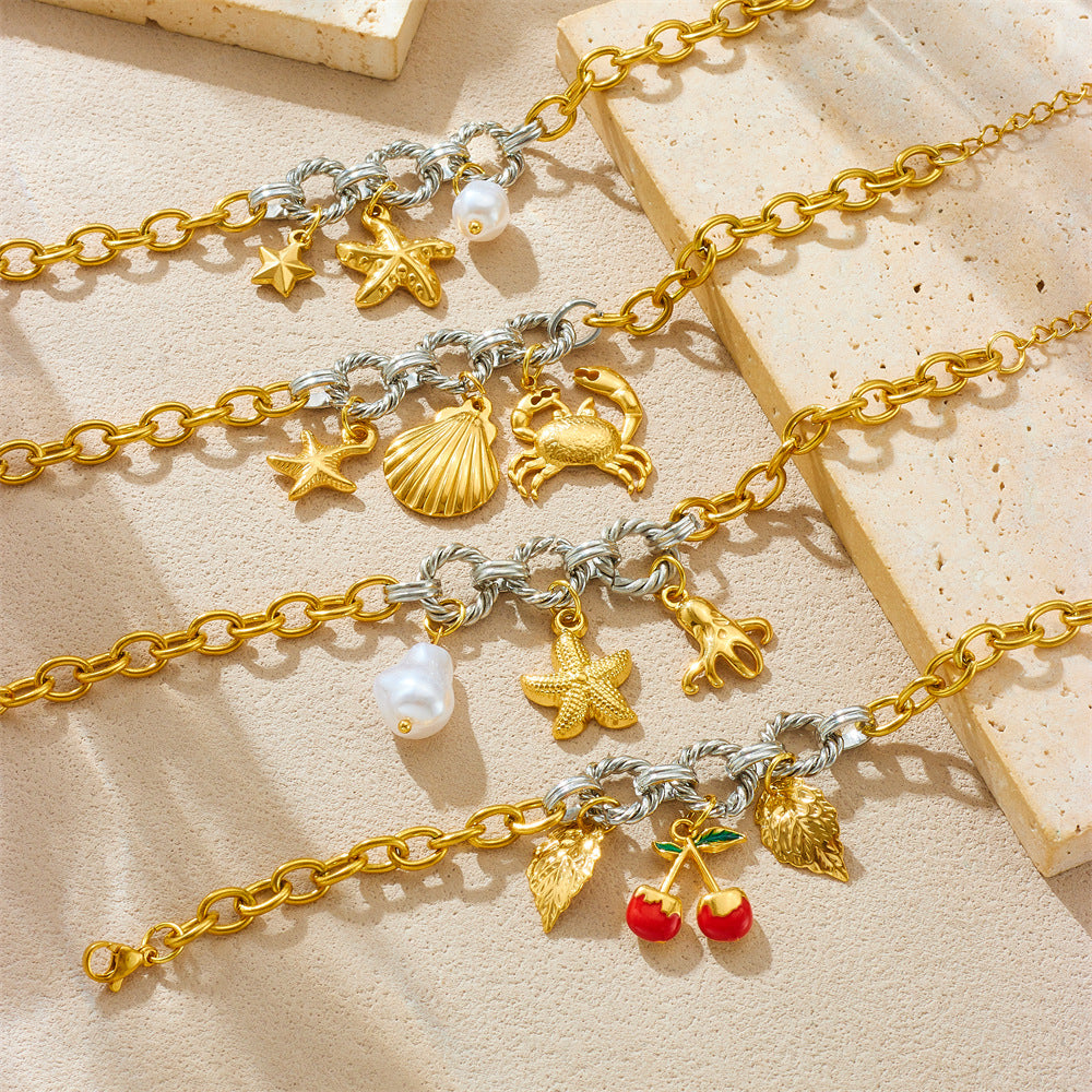 Bracciale pendente in smalto retrò ciliegia con motivi conchiglia, stella marina e granchio in acciaio inossidabile, bracciale di lusso da donna