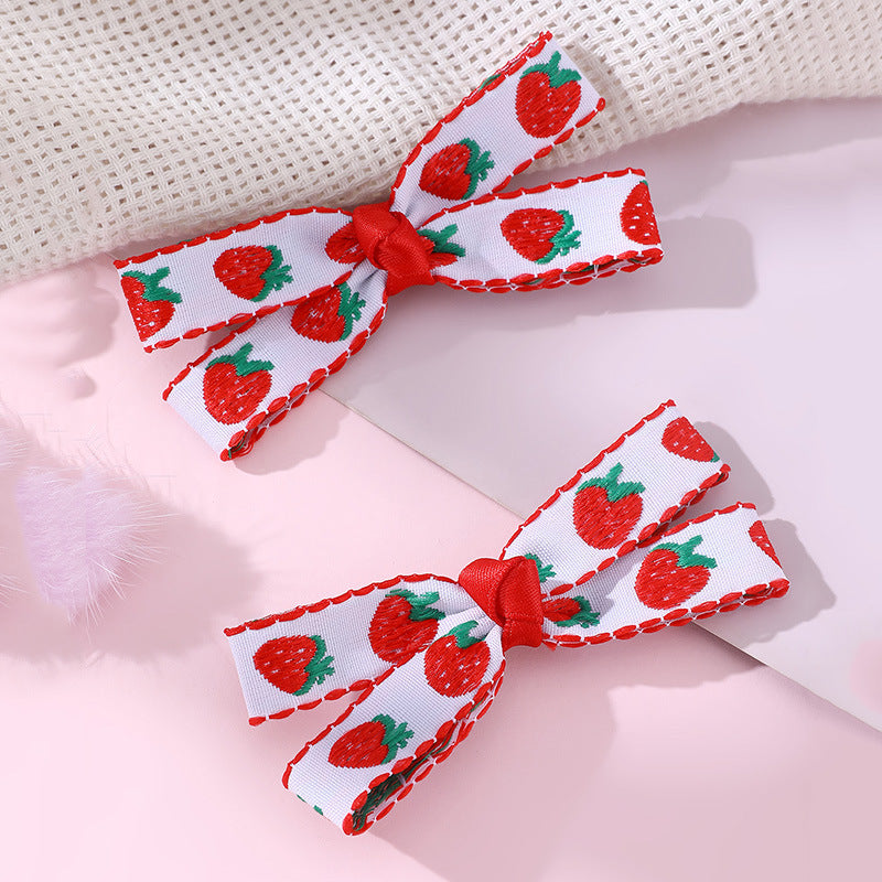 Natural Style Bow-Shaped Hair Clip Set for Kids with Red Satin Ribbon and Strawberry Embroidery Design