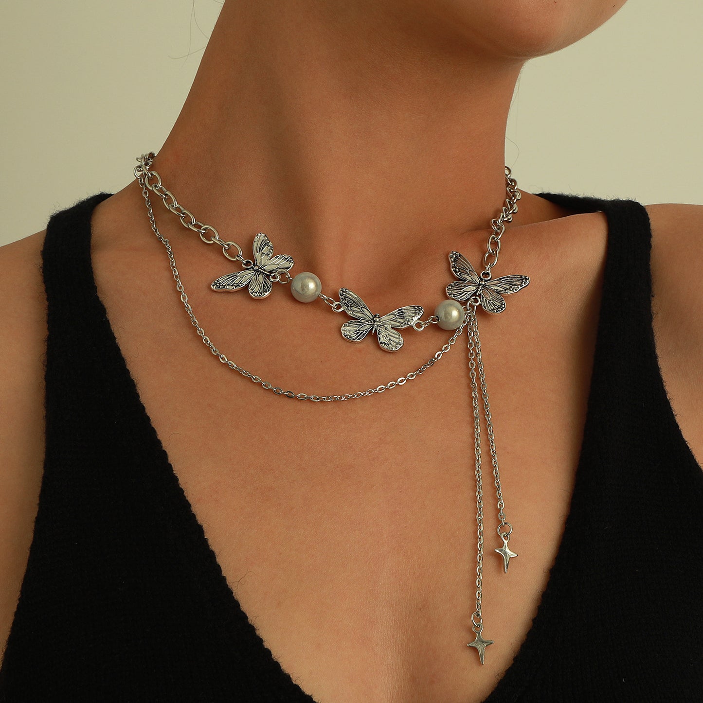 Glow-in-the-Dark Pearl Butterfly Necklace for Women with Alloy Pendant and Plated Finish