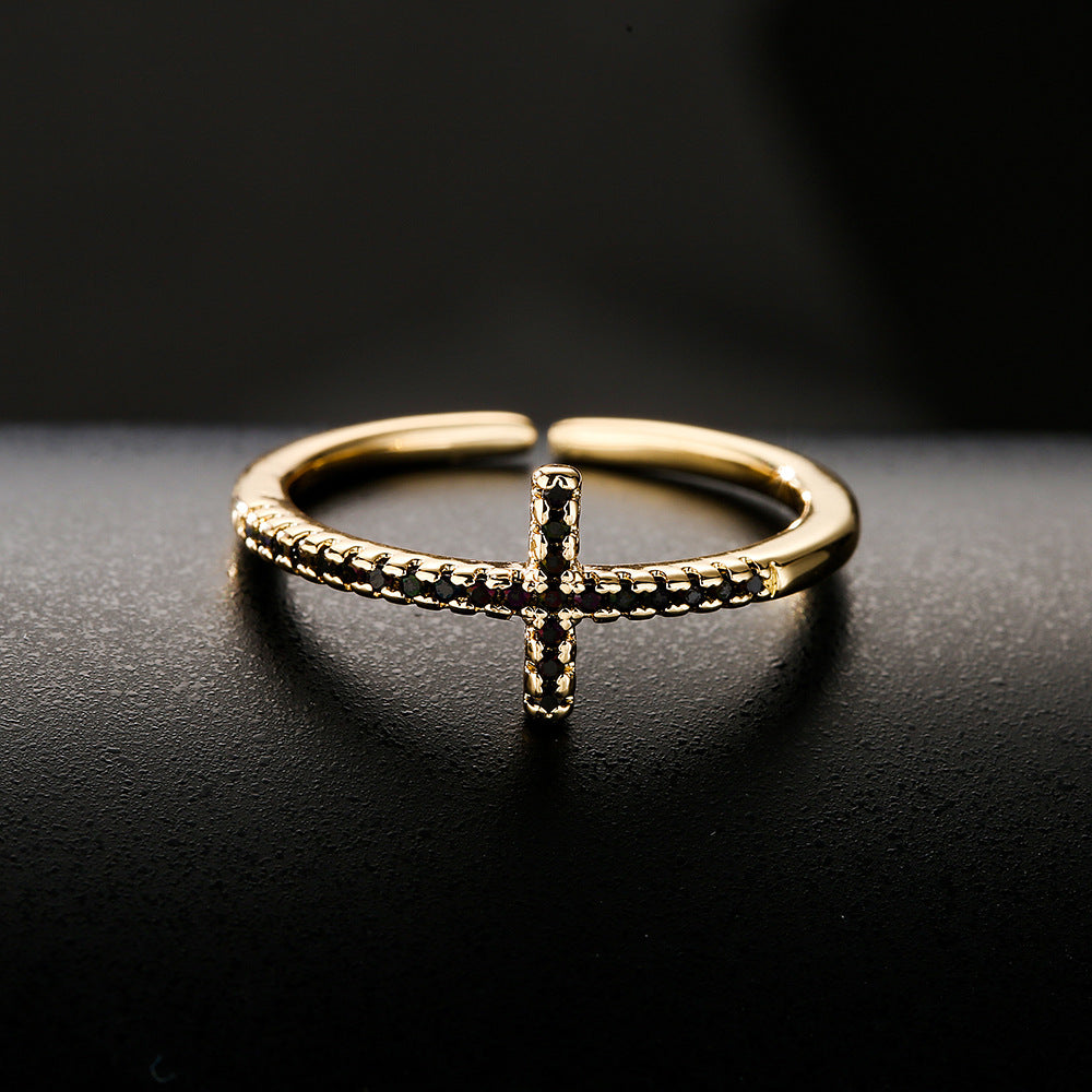 Minimalist Geometric Open Ring for Women with Copper Base Plated in 18K Gold and Micro-Paved Zirconia with Enamel Finish
