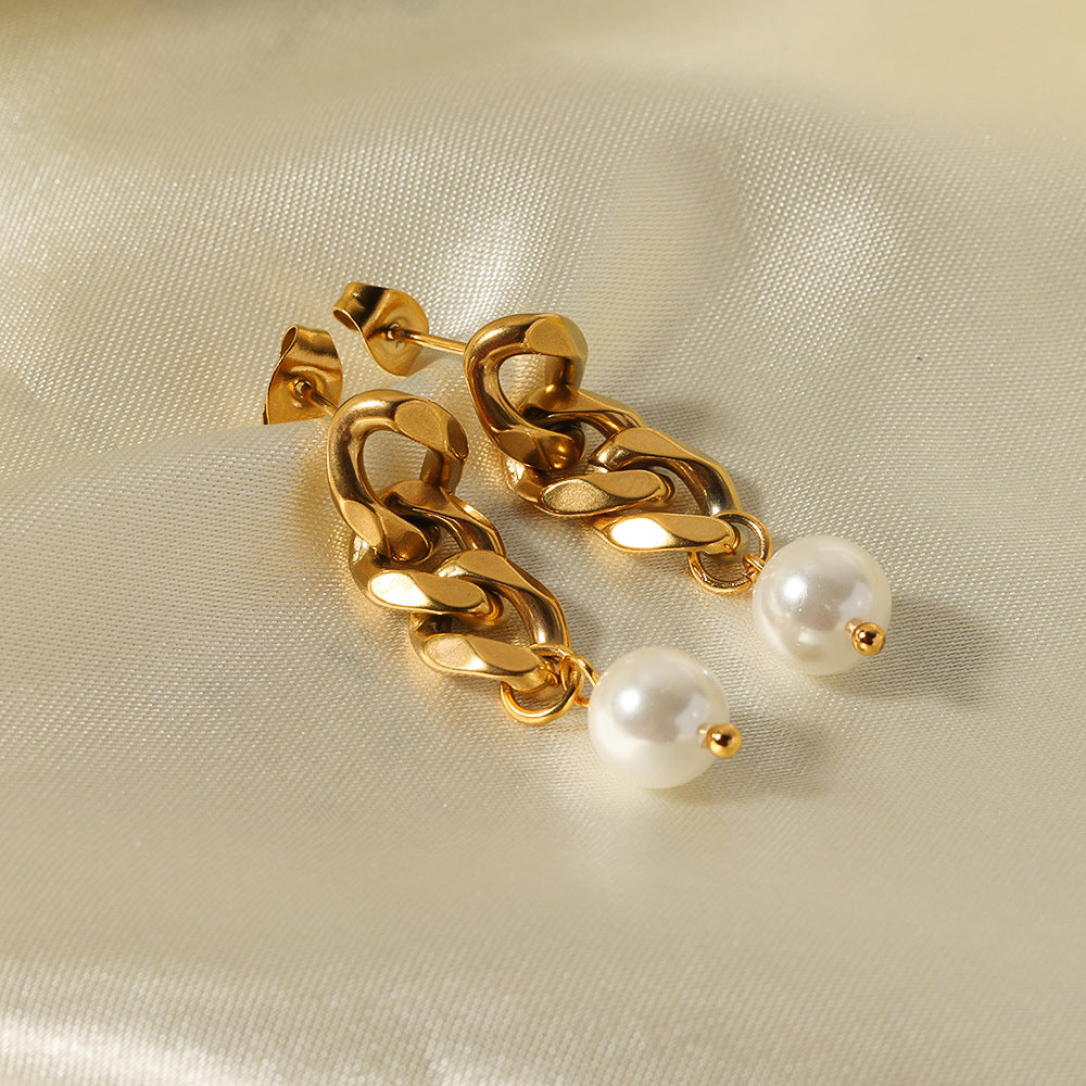 Minimalist Geometric Pearl Earrings with 18K Gold Plated Stainless Steel Chain Dangle for Women