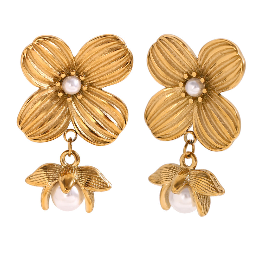 Vintage Floral Geometric Stainless Steel Earrings with 18K Gold Plating and Simulated Pearl Accents