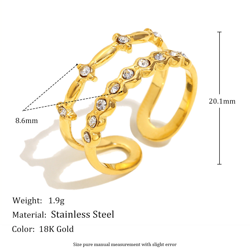 Anello Minimalista Geometrico in Acciaio Inox con Placcatura in Oro 18K e Doppi Strass per Donna