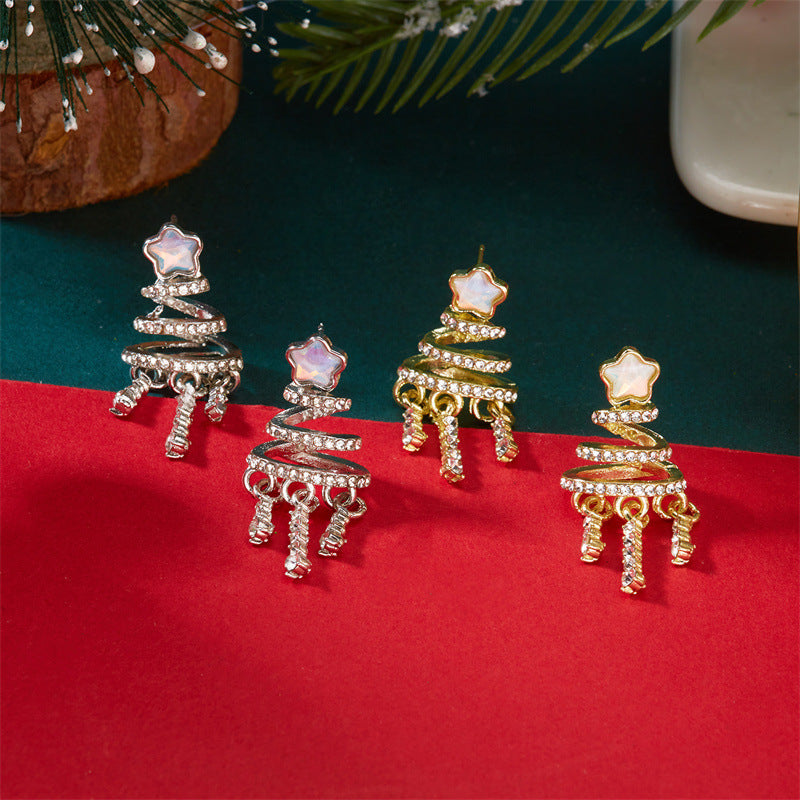 Christmas-Themed Star and Christmas Tree Shaped Dangle Earrings with Teardrop Tassels Zinc Alloy Electroplated for Women
