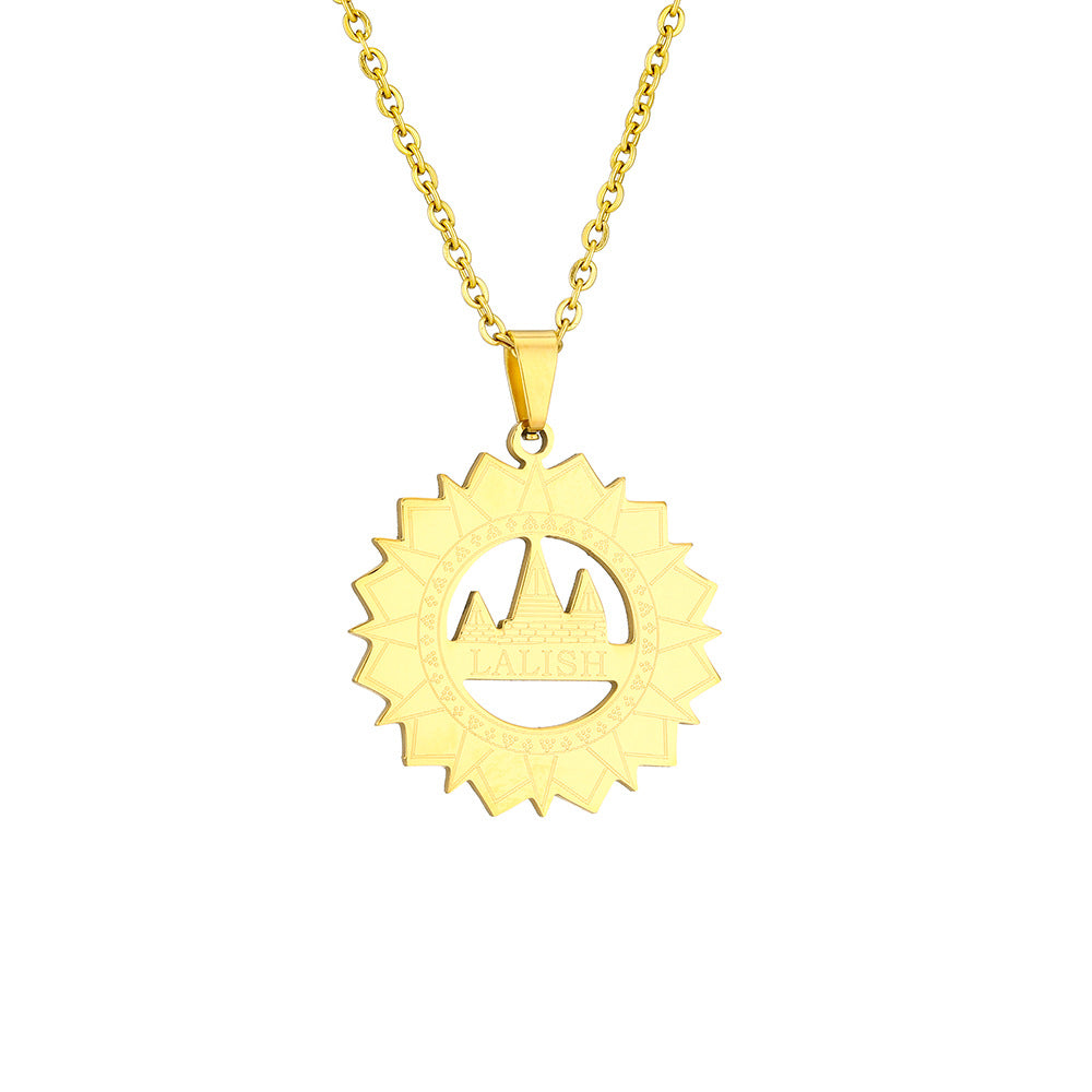 Collana con Pendente Geometrico Etnico in Acciaio Inox con Ciondolo in Acciaio al Titanio, Finitura Galvanizzata, Catena a O, Design Unisex