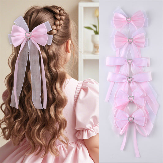 Horquilla de doble capa estilo natural con lazo para niñas con encaje rosa, borla, forma de corazón, detalles de pedrería y lazo.