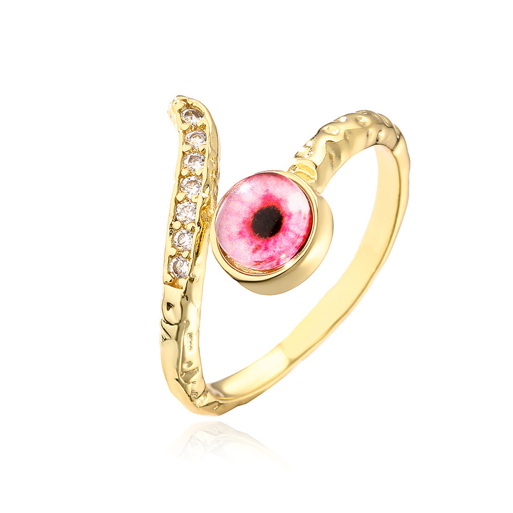 Anello aperto geometrico da donna con base in rame placcata in oro 18 carati e design a occhio turco con zirconi micro-incastonati