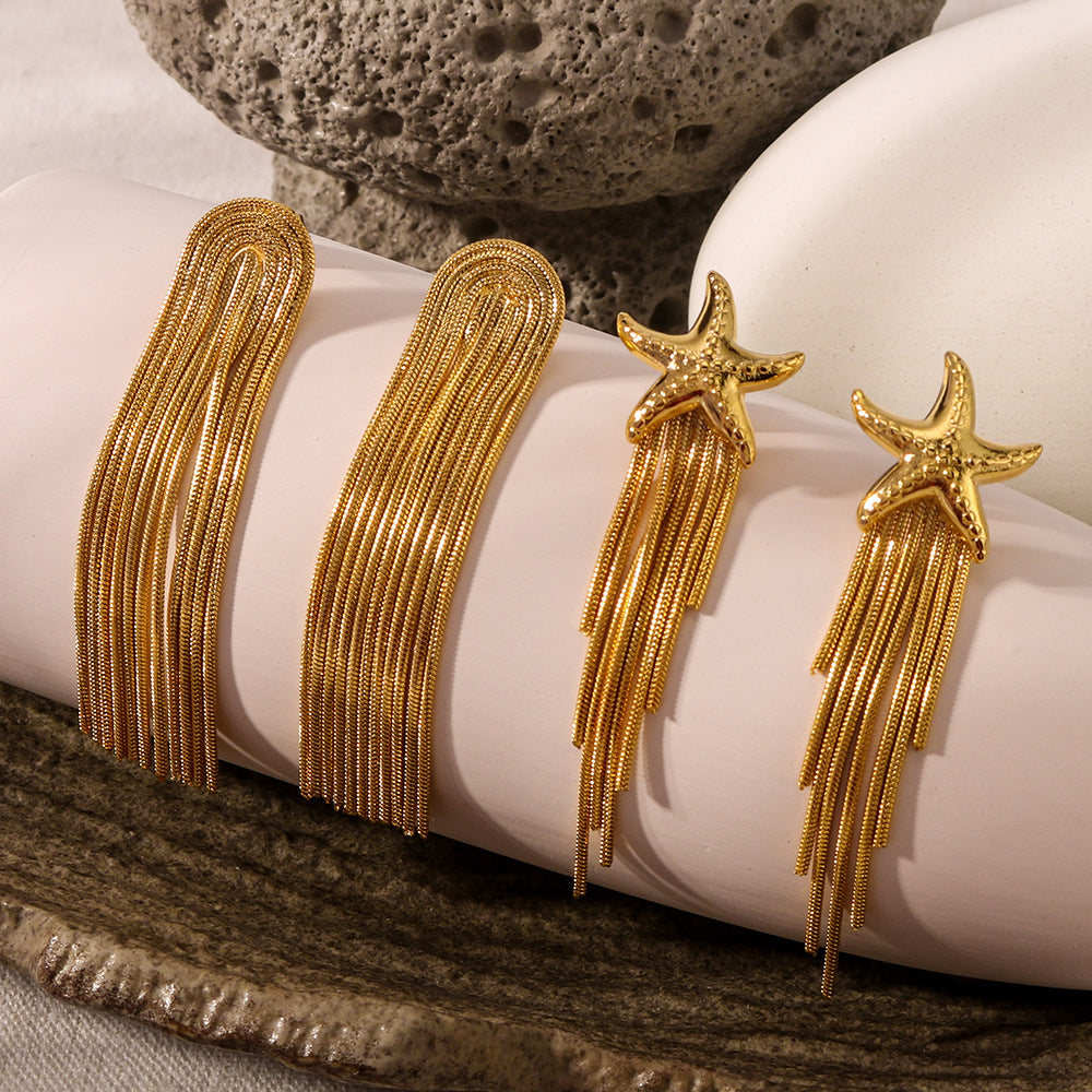 Minimalist Star-Shaped Stainless Steel Earrings with 18K Gold Plating for Women — Geometric Asymmetrical Tassel Design for Summer Beach Style