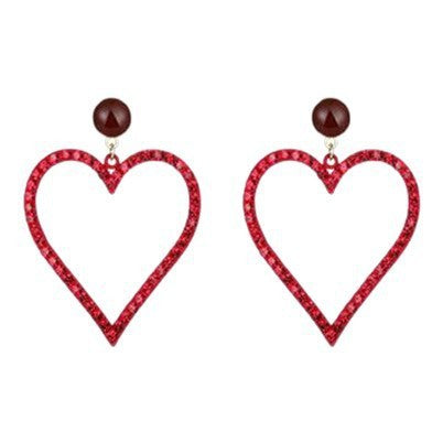 Elegant Red Hollow Heart Rhinestone Inlaid Alloy Earrings for Daily Wear