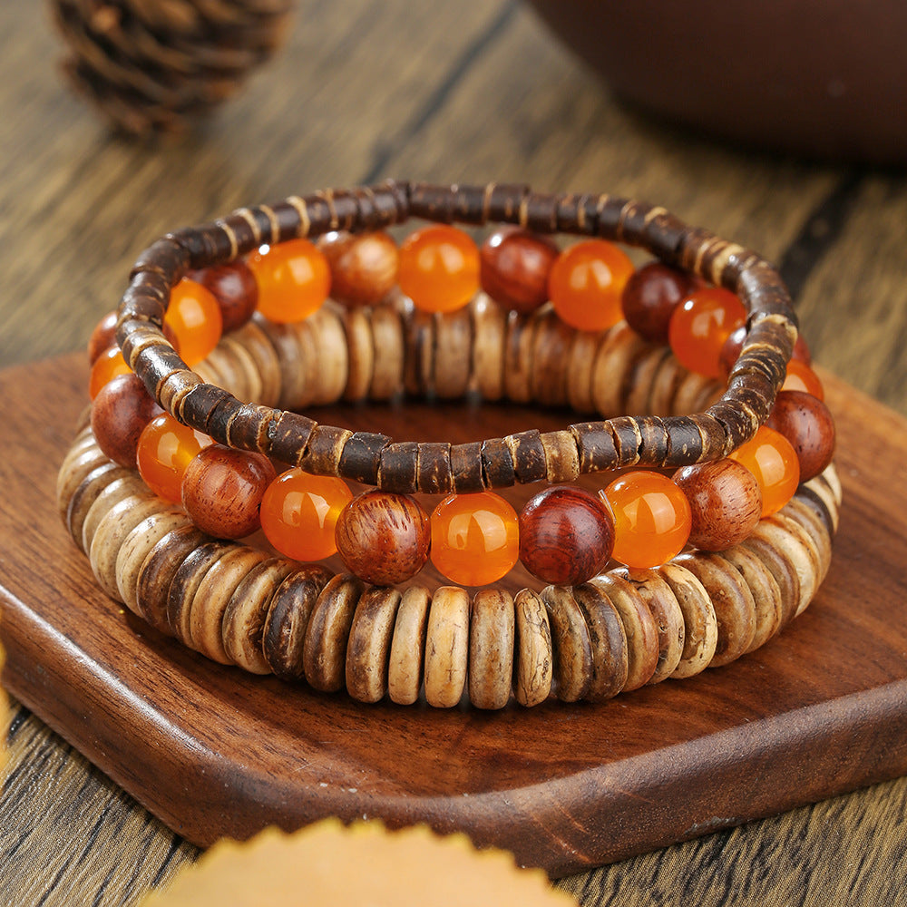 Hip-hop Men's Natural Tiger Eye Black Agate Wood Bead Stretch Bracelet Geometric Round Adjustable