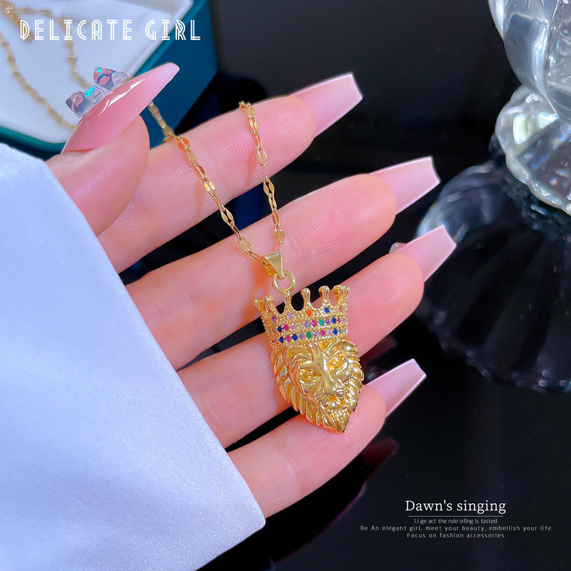 Exotic Geometric Crown Animal-Themed Titanium Steel Micro-Pave Necklace for Women Delicate Clavicle Chain