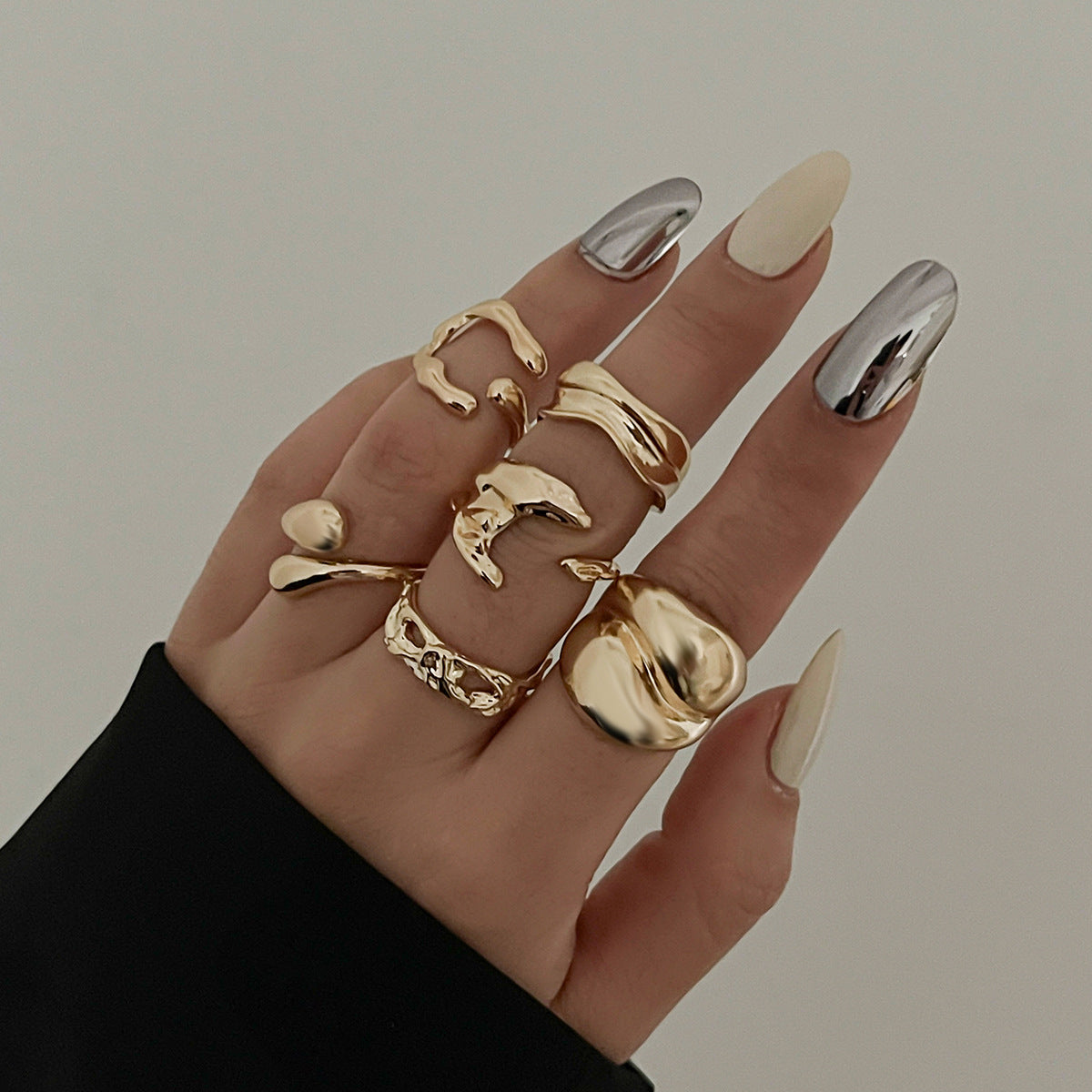Anello Geometrico Minimalista in Lega con Design a Lava Liquida da Donna, Fascia a Giunzione Aperta Regolabile Elettrodeposta